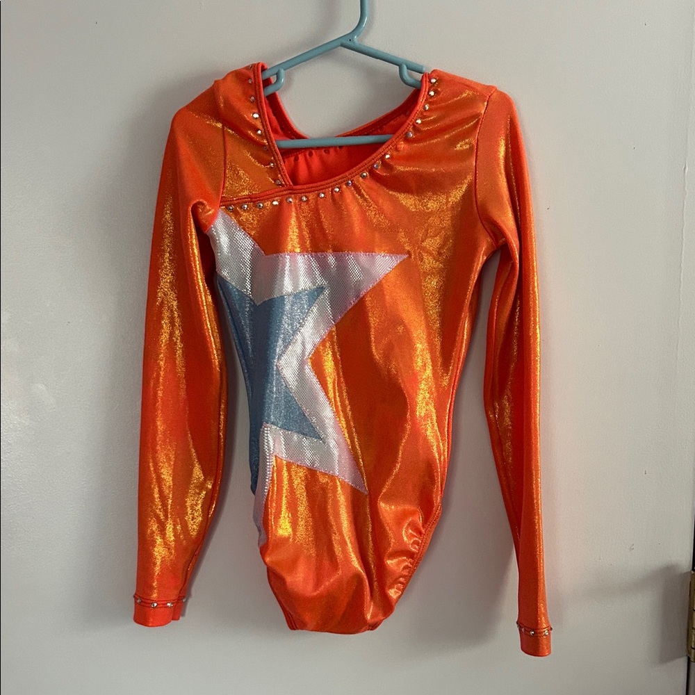 GK Elite Shimmering Orange, Silver and blue Leotard girls size large - Picture 2 of 7